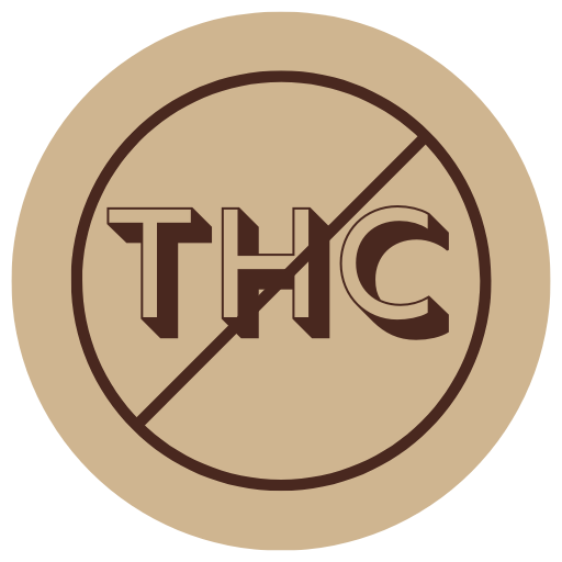 Tan circle with a bark brown circle and slash over the letters THC to create a logo to indicate ZERO THC.