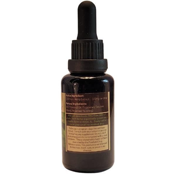 Mellow Mammals 300mg CBD calming oil for dogs bottle - ingredients view